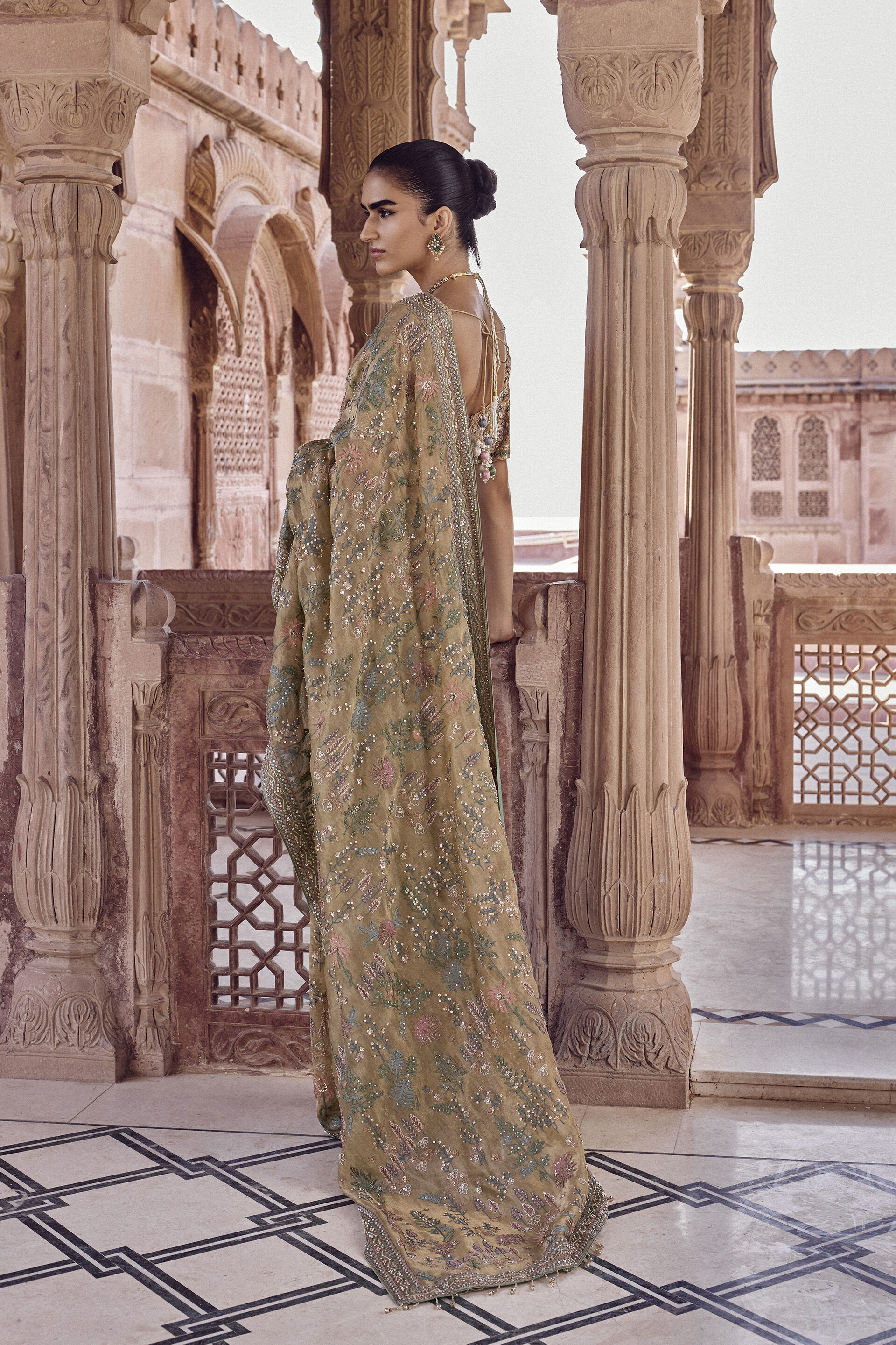 Gold Zardozi Embroidered Silk Saree (2-Piece) - Image 3