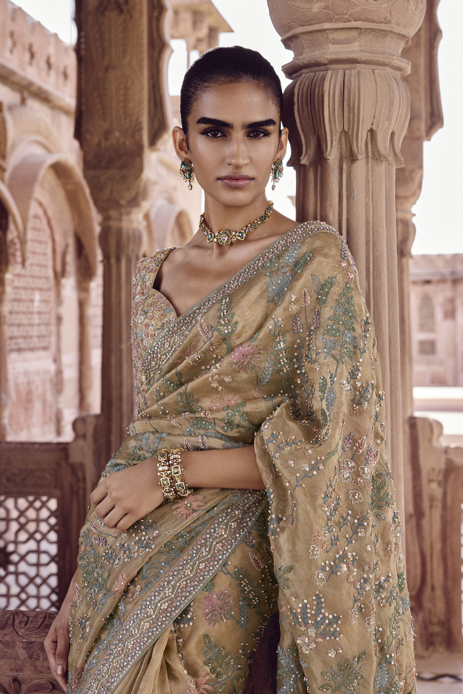 Gold Zardozi Embroidered Silk Saree (2-Piece) - Image 4