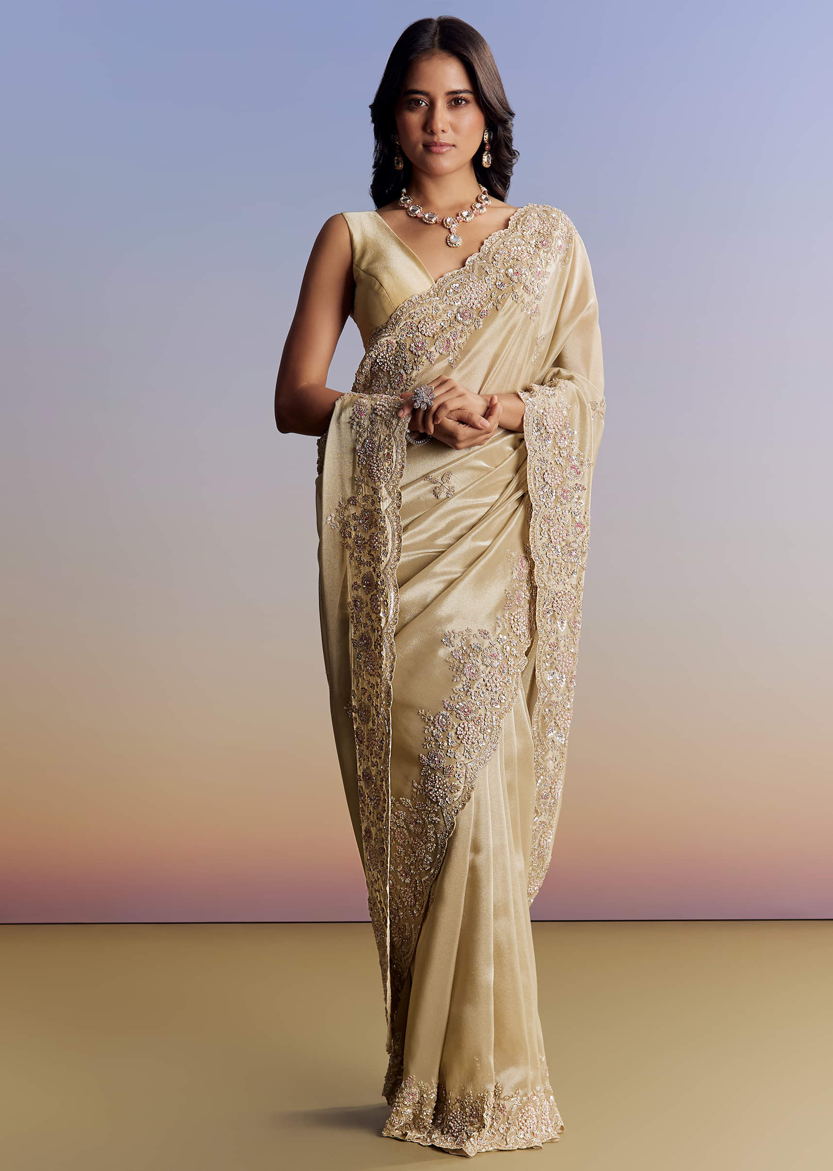 Indian Gold Cut Dana Sequin Tissue Saree (2-Piece) - Image 1