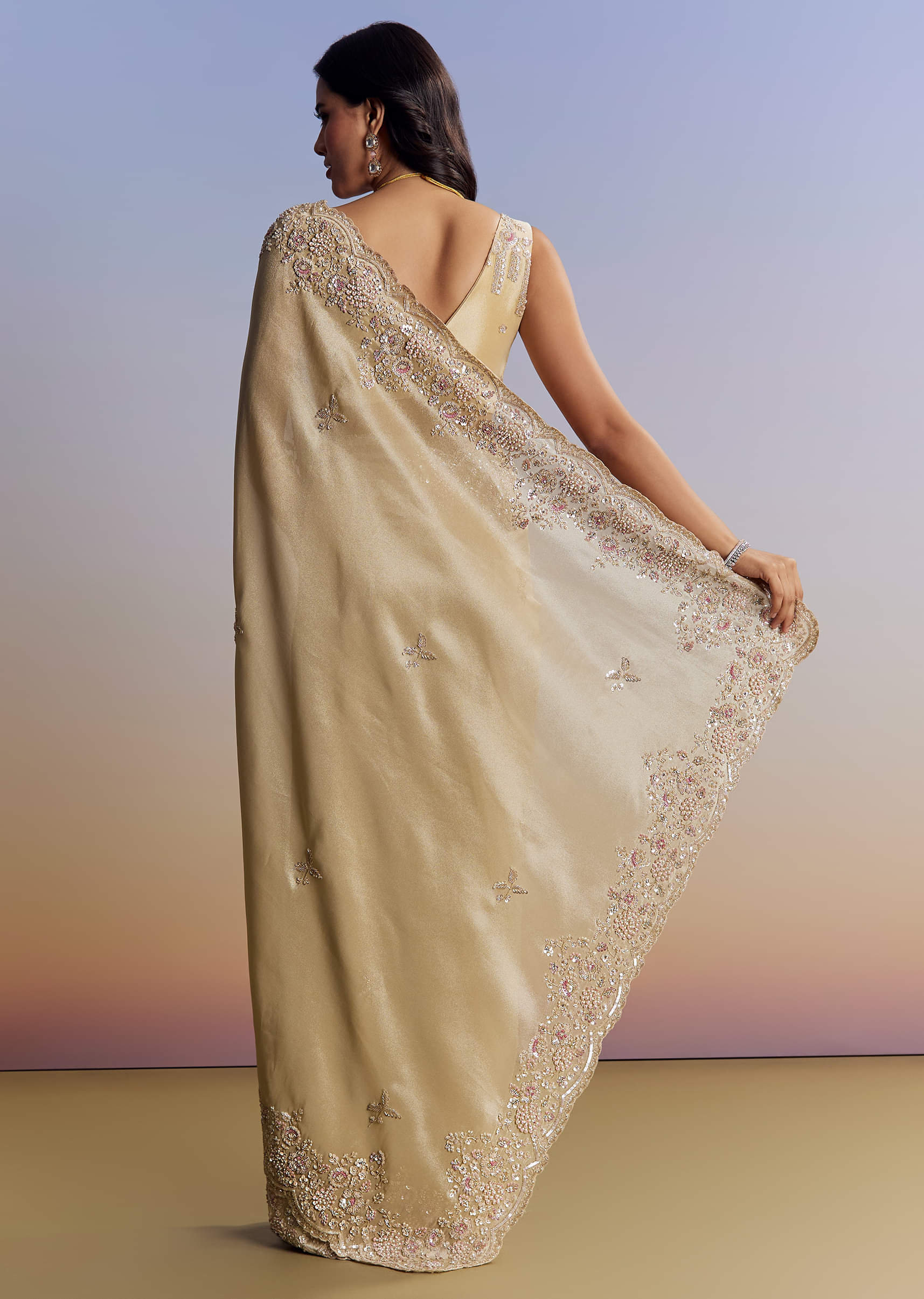 Indian Gold Cut Dana Sequin Tissue Saree (2-Piece) - Image 3