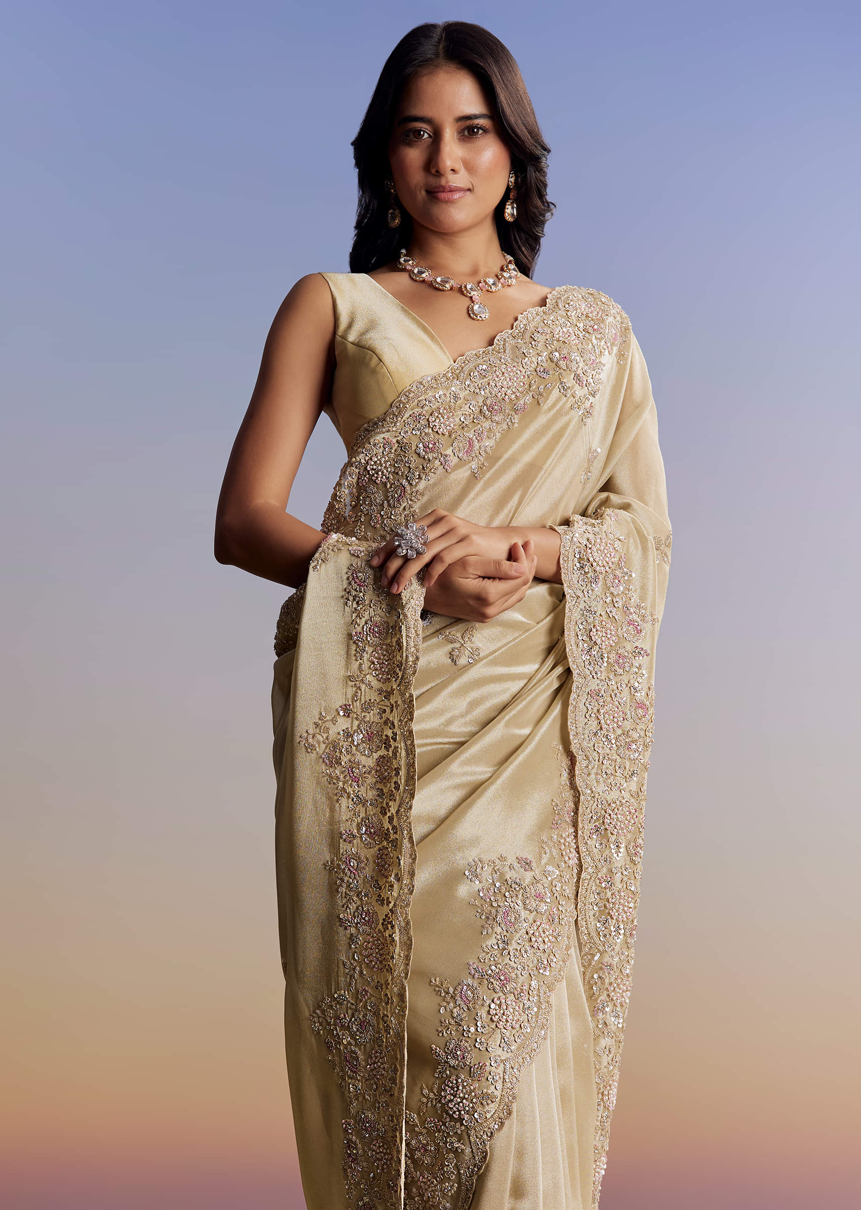 Indian Gold Cut Dana Sequin Tissue Saree (2-Piece) - Image 4