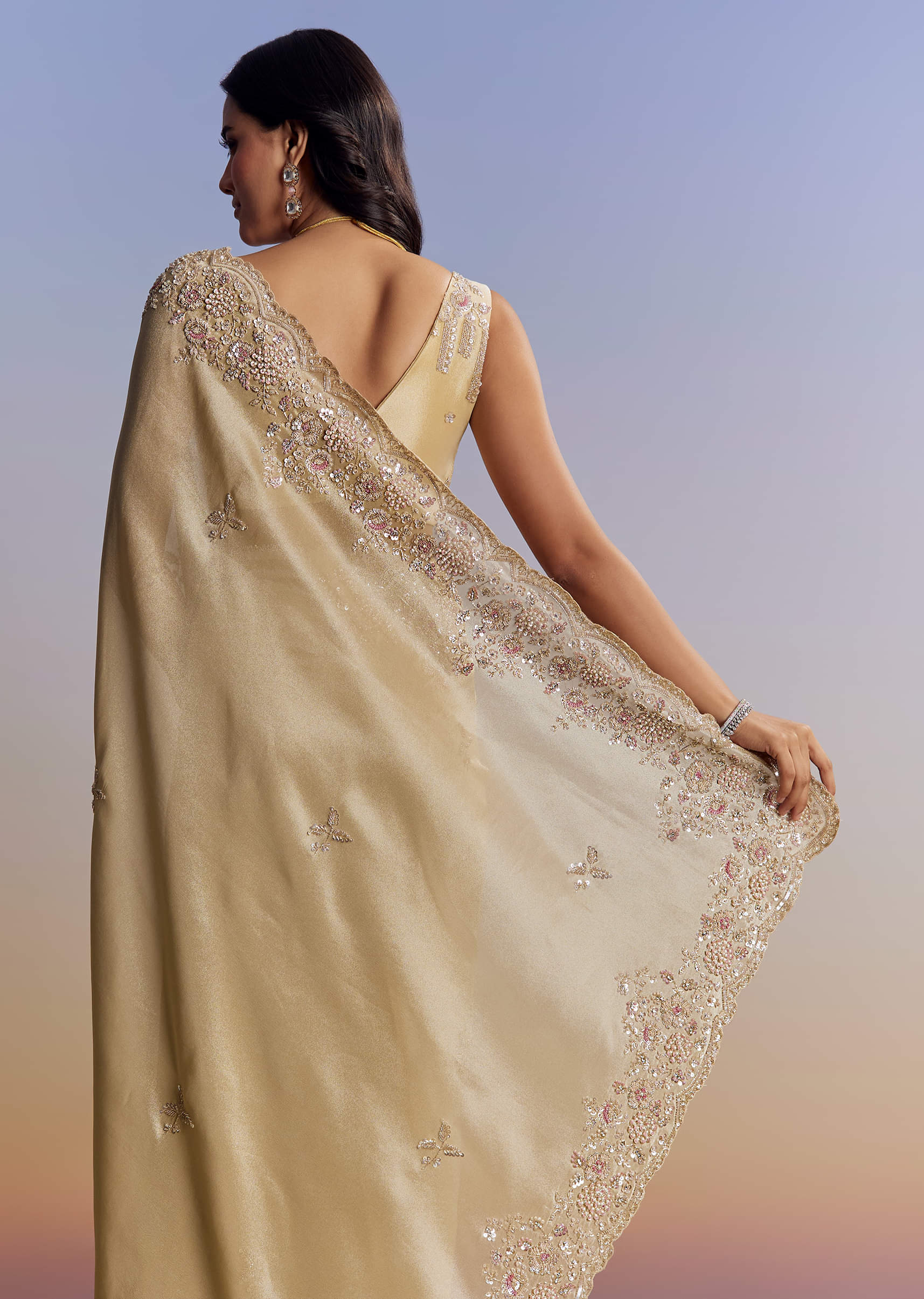Indian Gold Cut Dana Sequin Tissue Saree (2-Piece) - Image 5