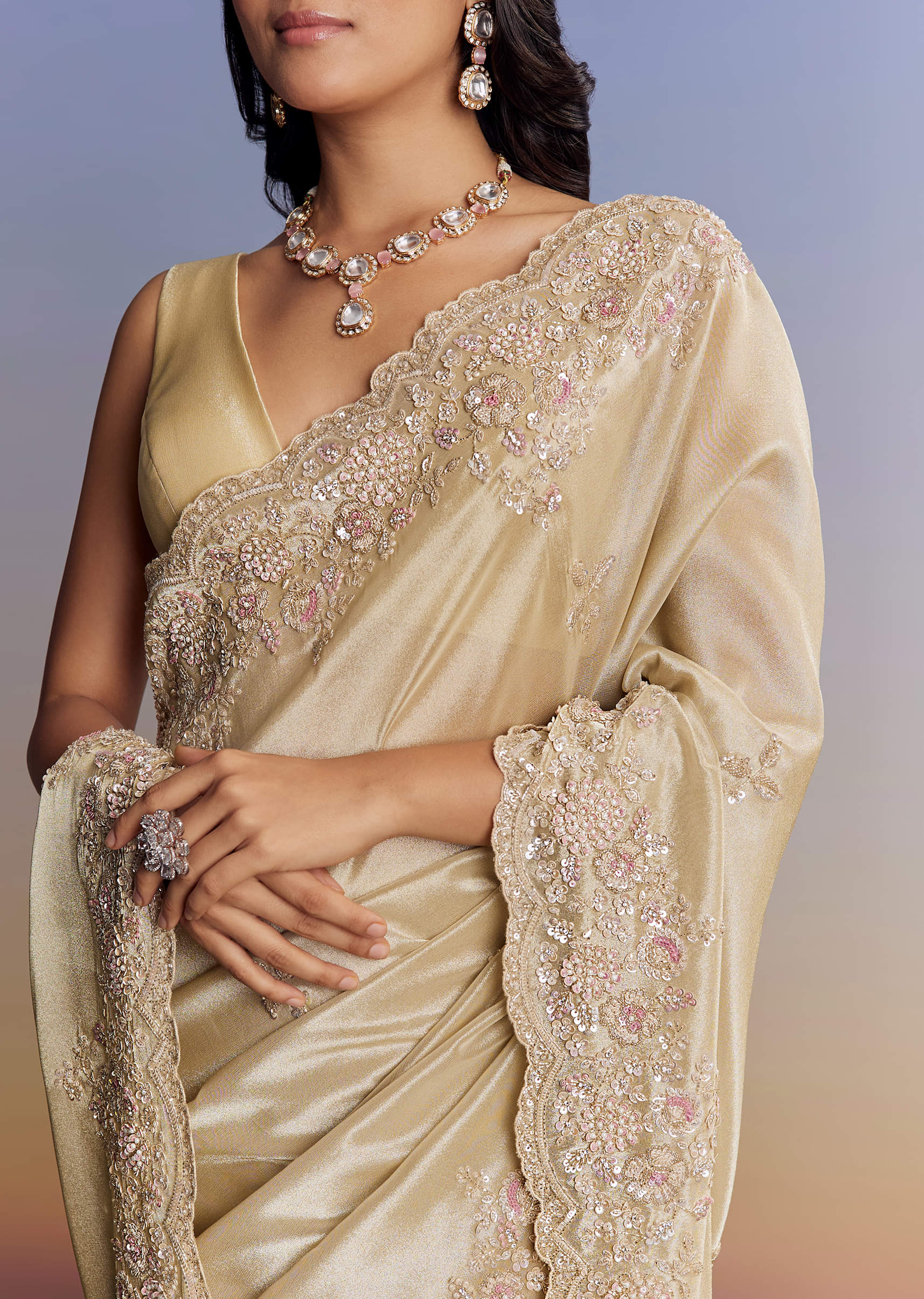 Indian Gold Cut Dana Sequin Tissue Saree (2-Piece) - Image 9