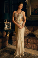 Champagne Mirror Work Tissue Georgette Saree (2-Piece) - Image 2