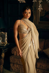 Champagne Mirror Work Tissue Georgette Saree (2-Piece) - Image 3