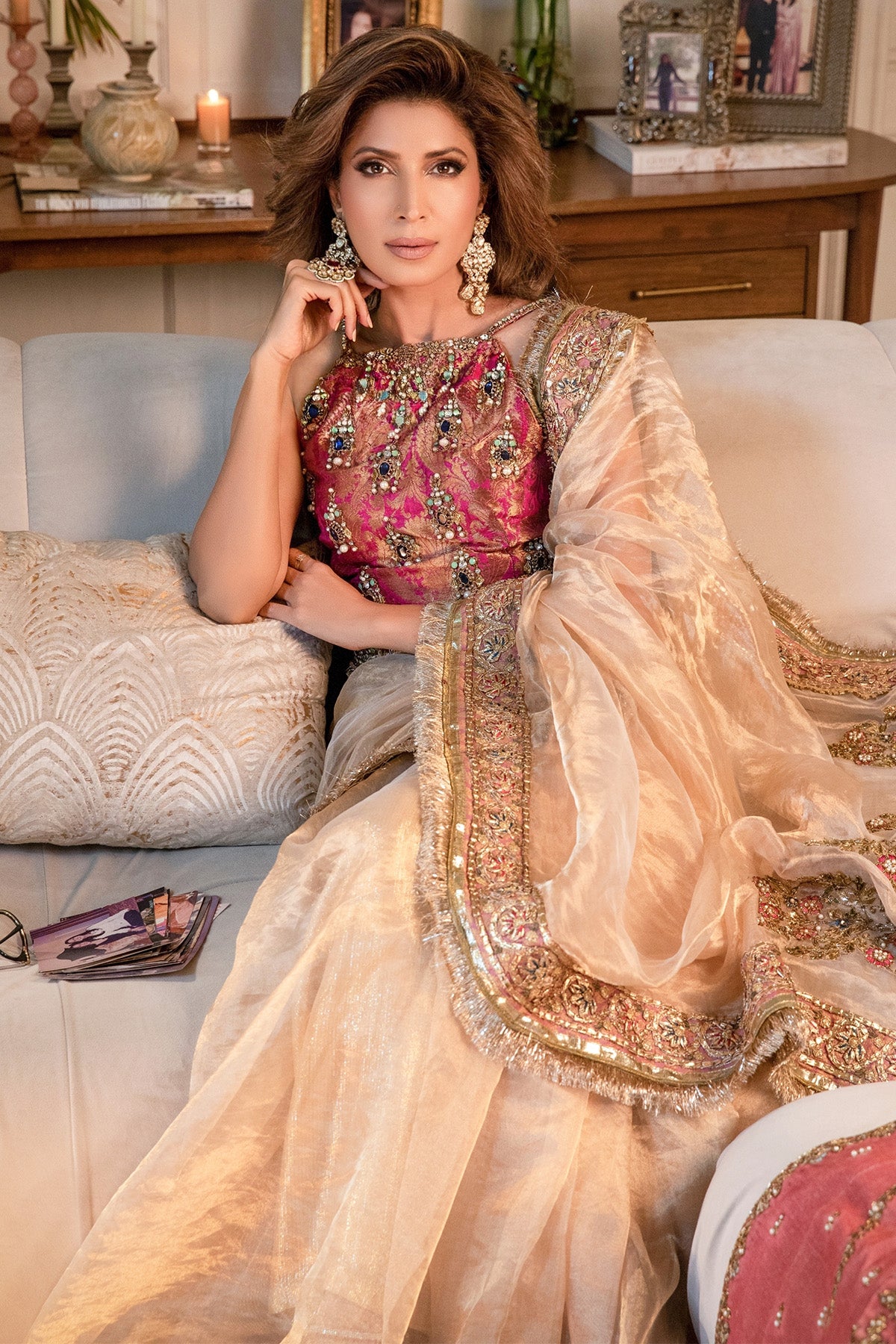 Pakistani Gold Pink Gota Tissue Saree (3-Piece) - Image 1