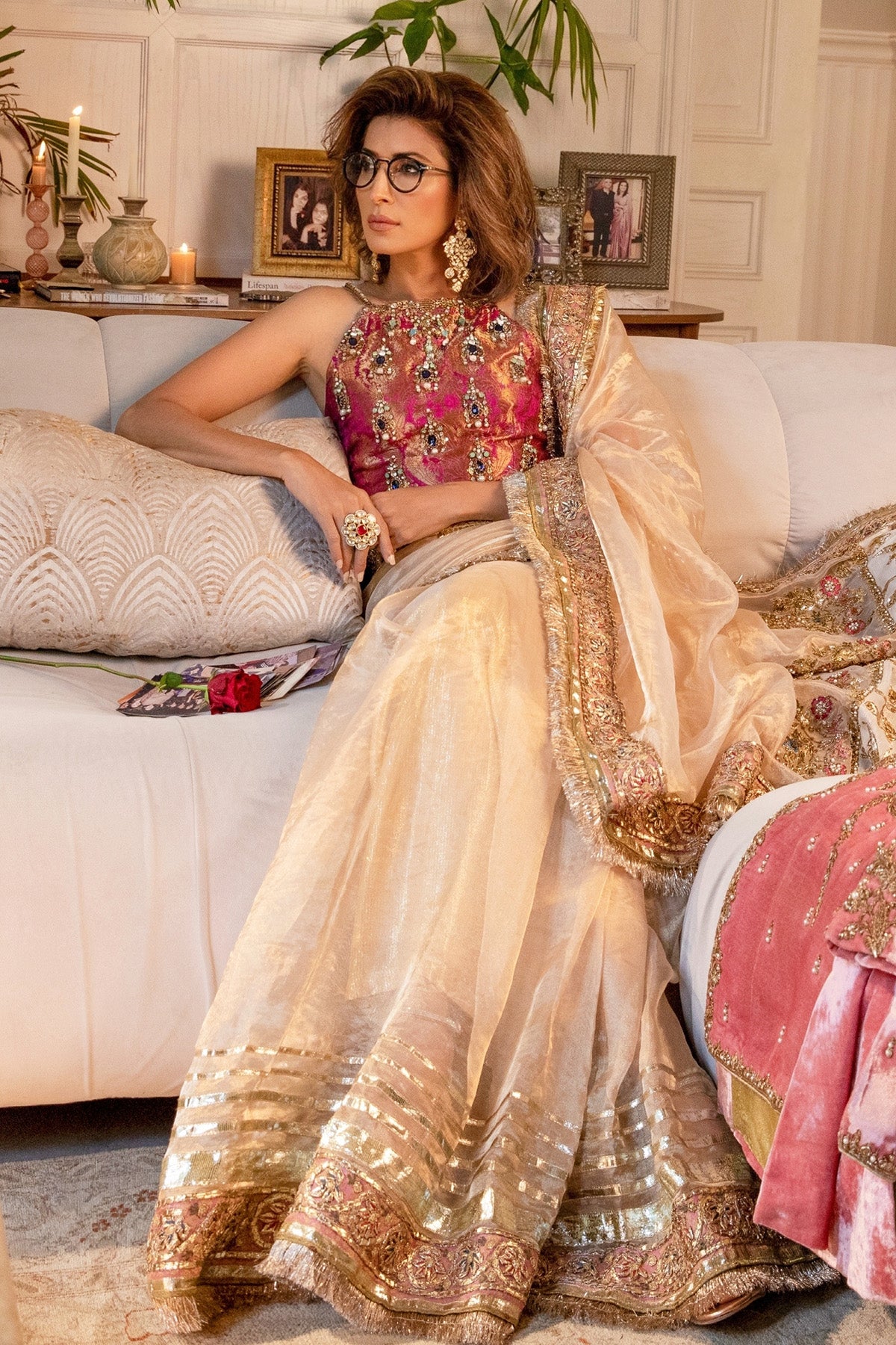 Pakistani Gold Pink Gota Tissue Saree (3-Piece) - Image 2
