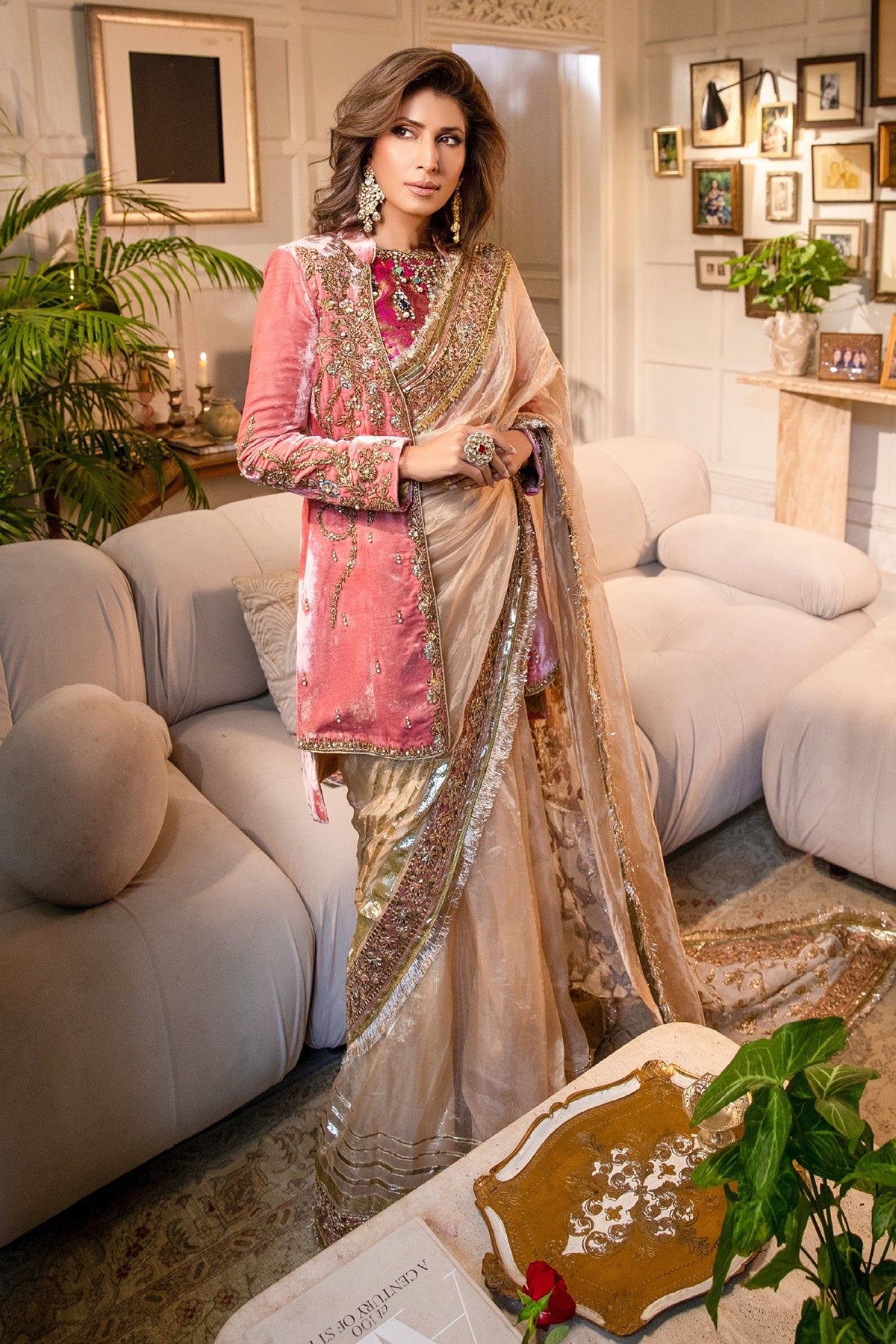 Pakistani Gold Pink Gota Tissue Saree (3-Piece) - Image 3