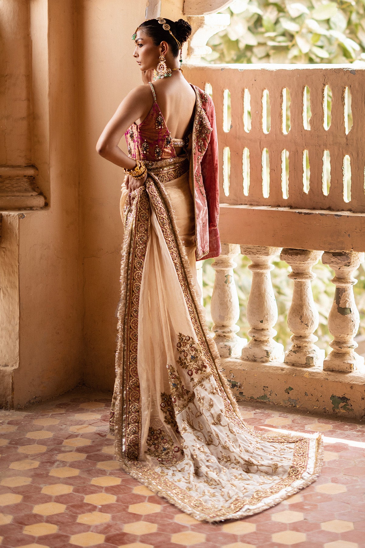 Pakistani Gold Pink Gota Tissue Saree (3-Piece) - Image 4