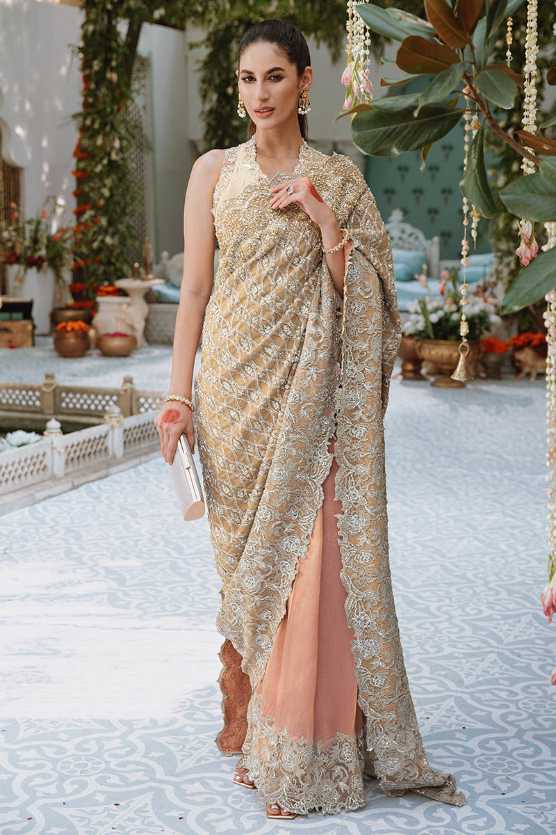 Gold Embroidered Tissue Bridal Saree (2-Piece) - Image 1