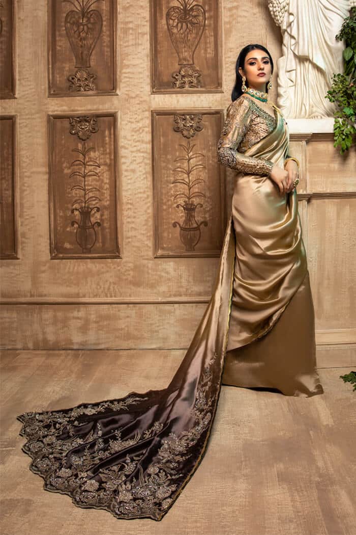 Champagne Embellished Tissue Organza Saree (3-Piece) - Image 1