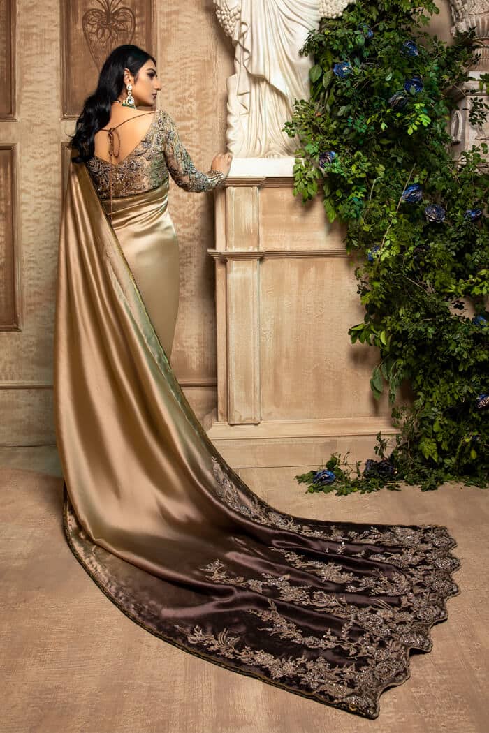 Champagne Embellished Tissue Organza Saree (3-Piece) - Image 2