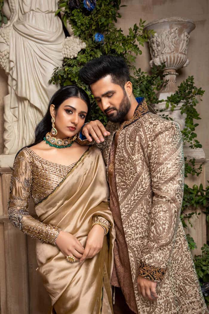 Champagne Embellished Tissue Organza Saree (3-Piece) - Image 3