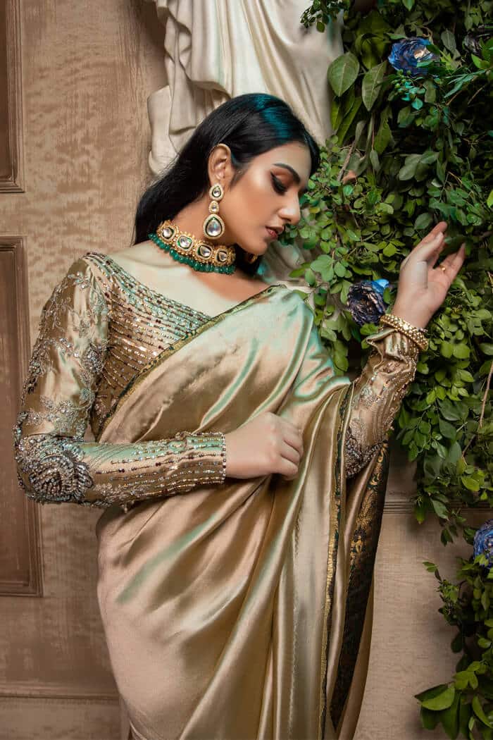 Champagne Embellished Tissue Organza Saree (3-Piece) - Image 6