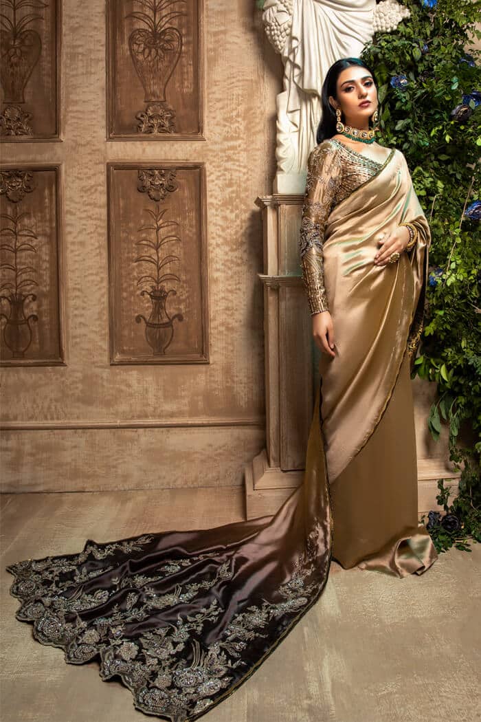 Champagne Embellished Tissue Organza Saree (3-Piece) - Image 7