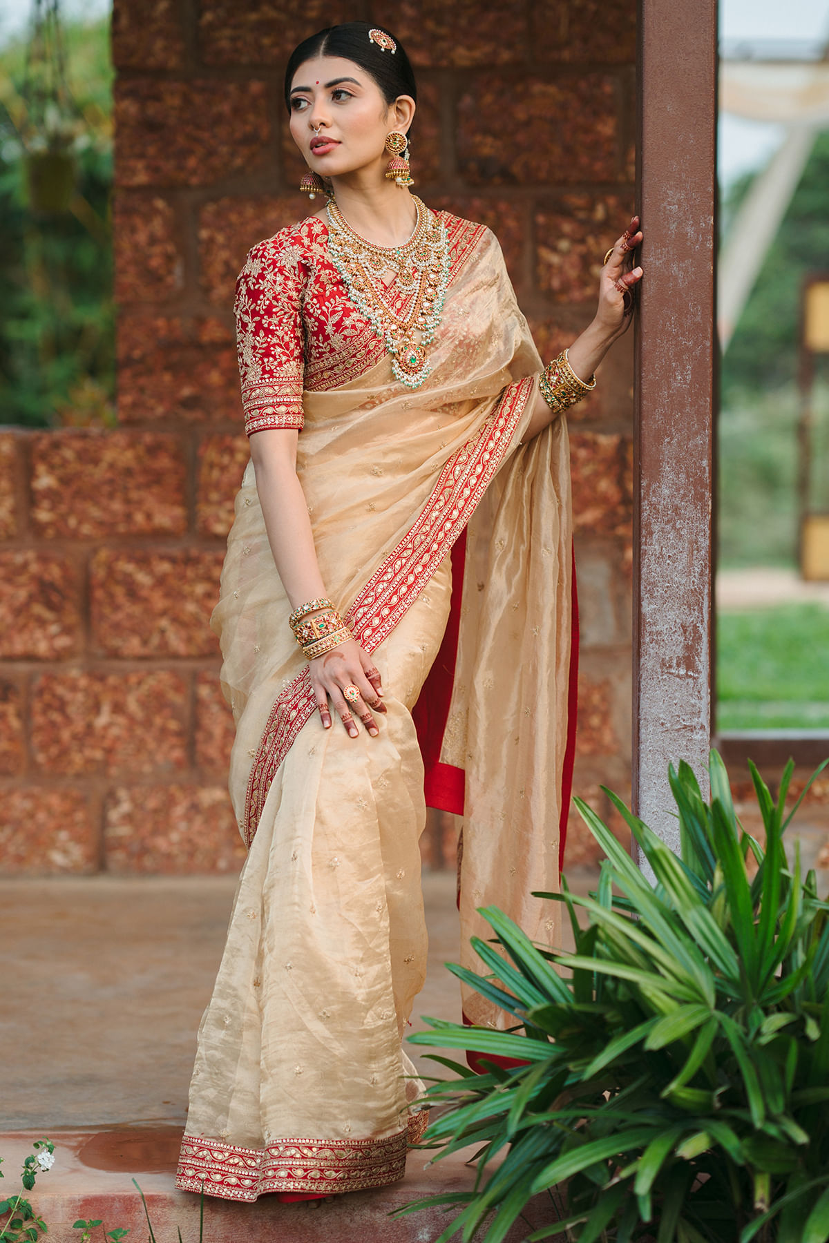 Gold Dori & Sequins Tissue Organza Saree (2-Piece) - Image 1