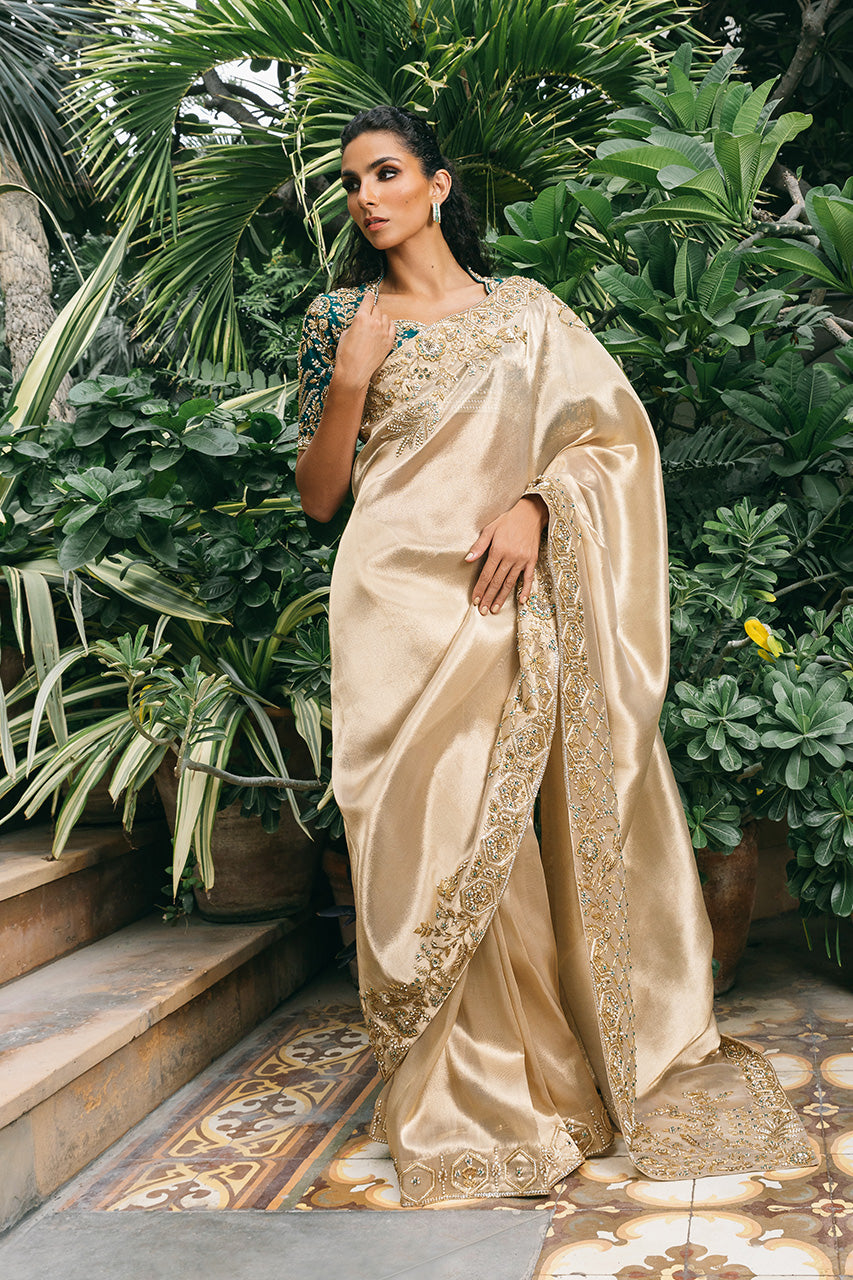 Indian Emerald Green Zardozi Jamawar Choli & Gold Tissue Saree (2-Piece) - Image 1