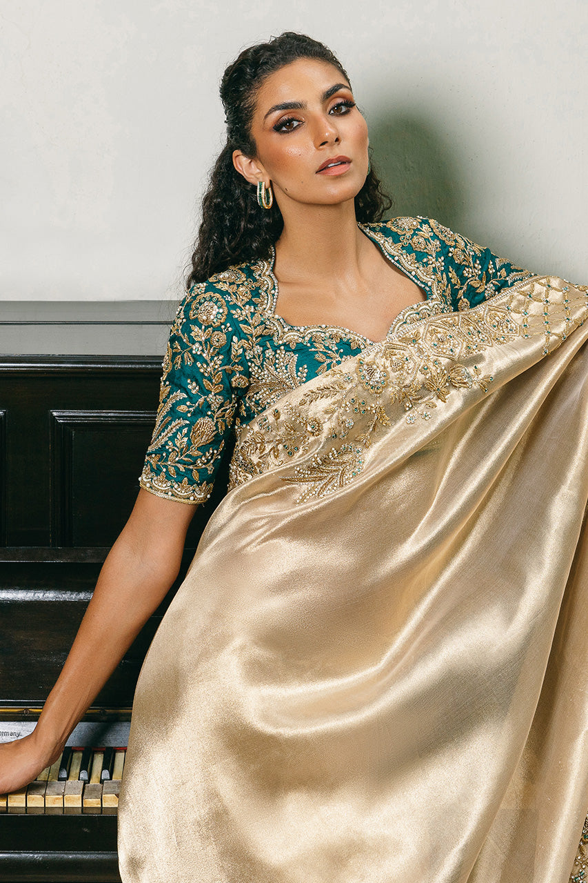 Indian Emerald Green Zardozi Jamawar Choli & Gold Tissue Saree (2-Piece) - Image 3