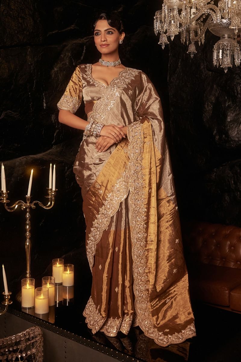 Beige Gold Zardozi Pure Tissue Saree (2-Piece) - Image 1