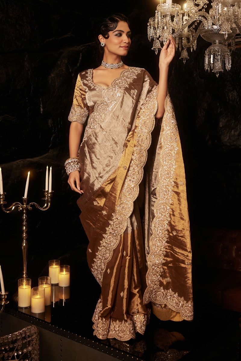 Beige Gold Zardozi Pure Tissue Saree (2-Piece) - Image 3