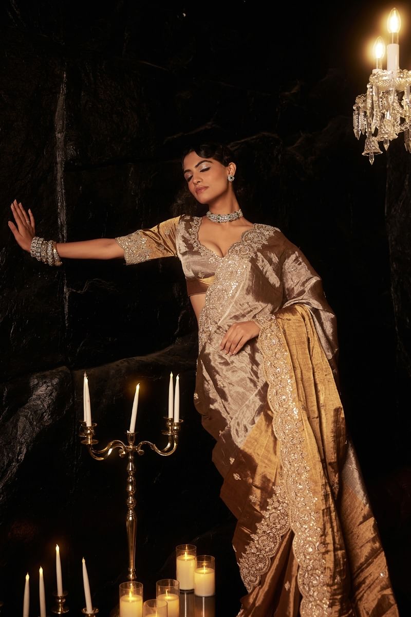 Beige Gold Zardozi Pure Tissue Saree (2-Piece) - Image 4