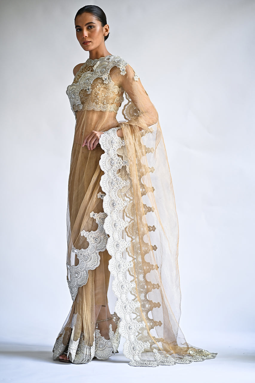 Pakistani Gold Beige Embroidered Zari Net Sari (2-Piece) - Image 1