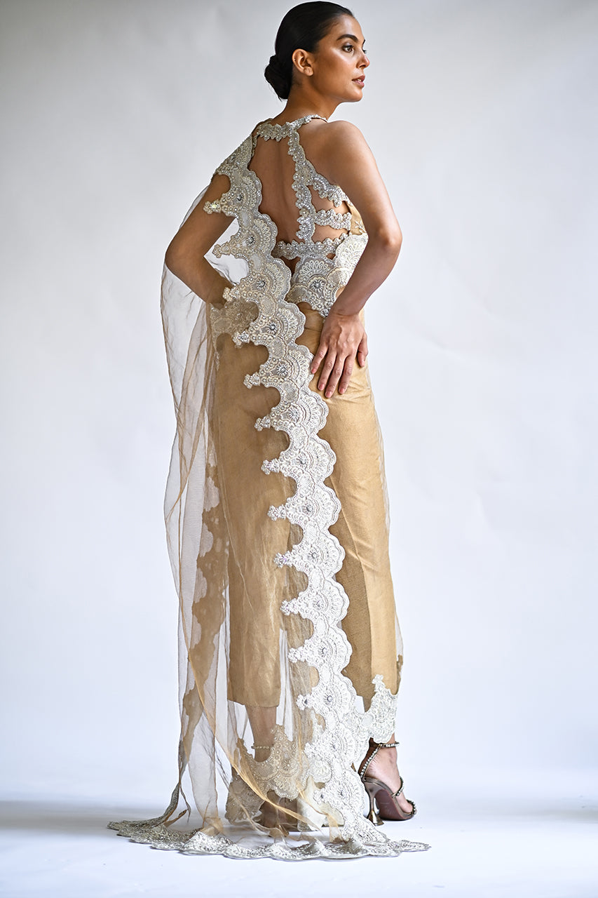 Pakistani Gold Beige Embroidered Zari Net Sari (2-Piece) - Image 2