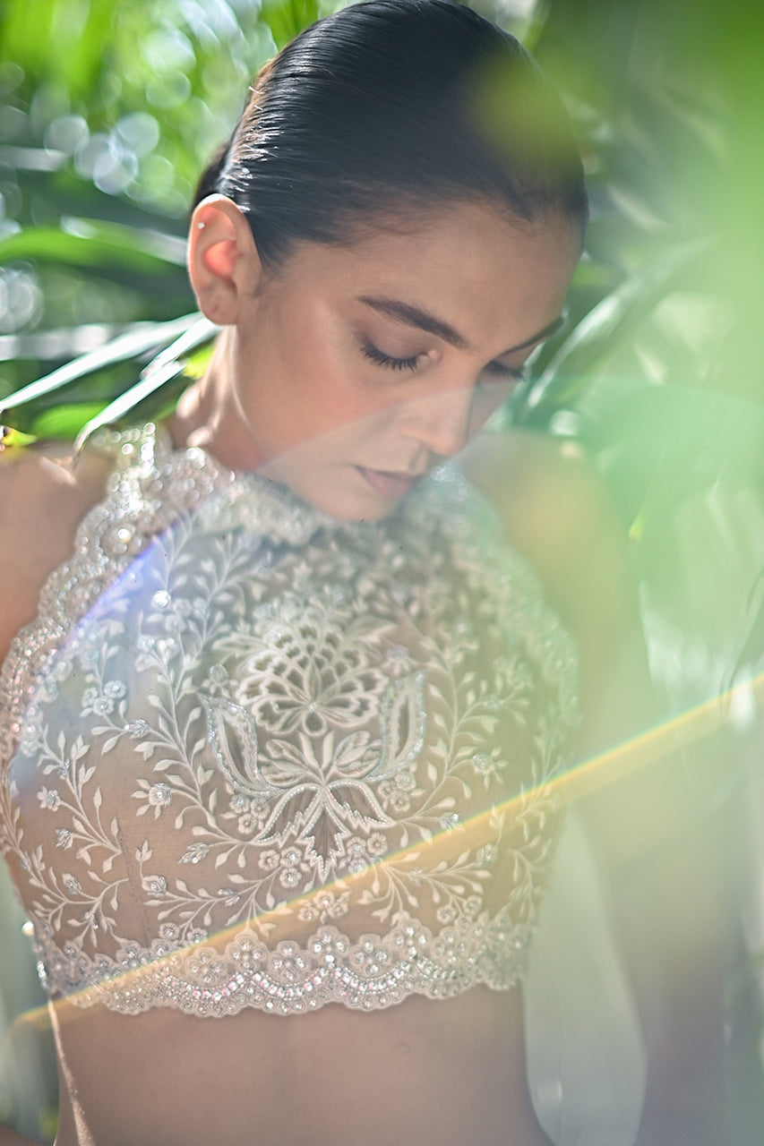 Pakistani Gold Beige Embroidered Zari Net Sari (2-Piece) - Image 4