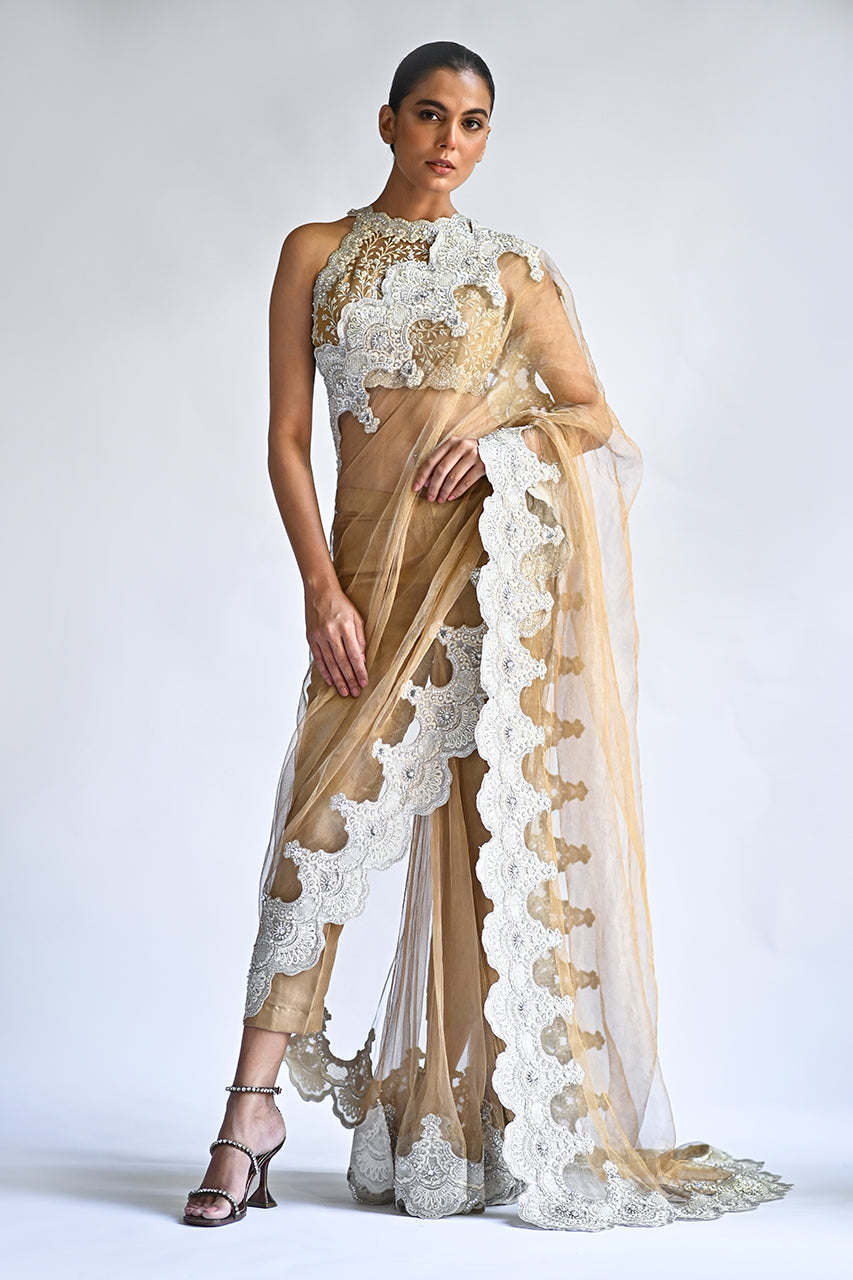 Pakistani Gold Beige Embroidered Zari Net Sari (2-Piece) - Image 7