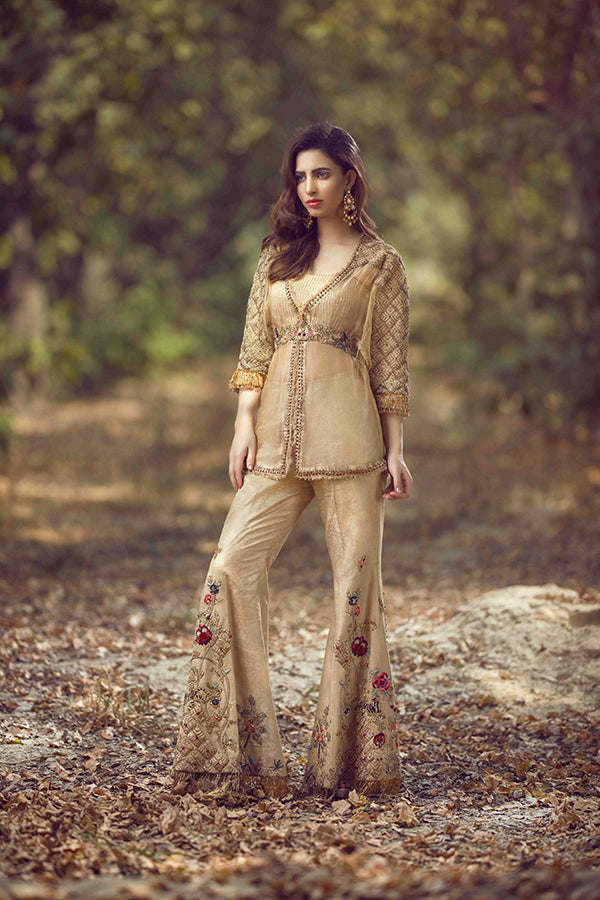 Golden Embroidered Zari Net Top with Jamawar Bell Bottoms (4-Piece) - Image 1