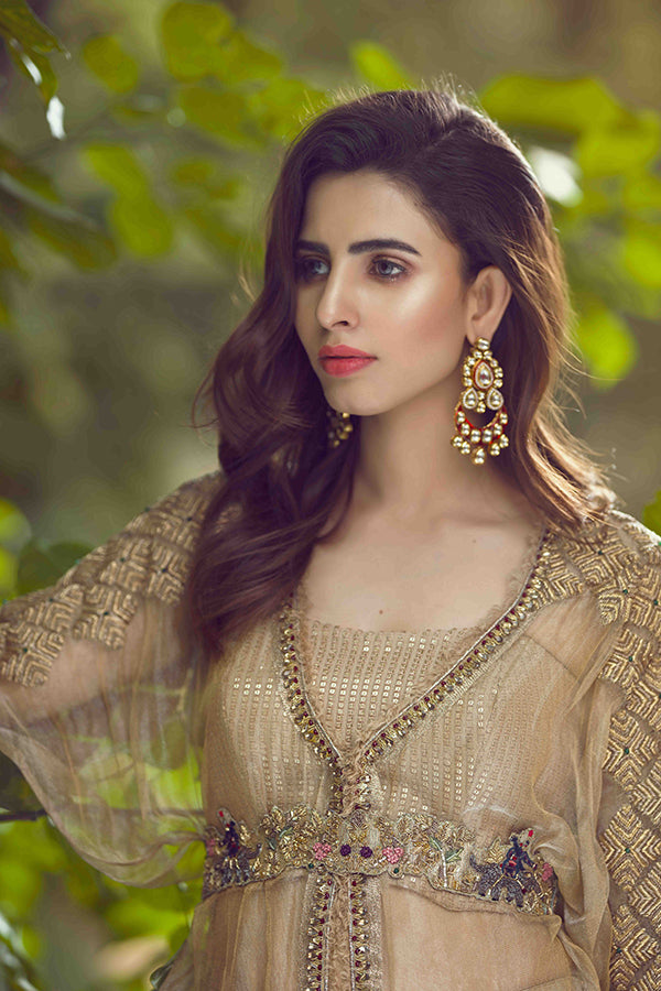 Golden Embroidered Zari Net Top with Jamawar Bell Bottoms (4-Piece) - Image 2