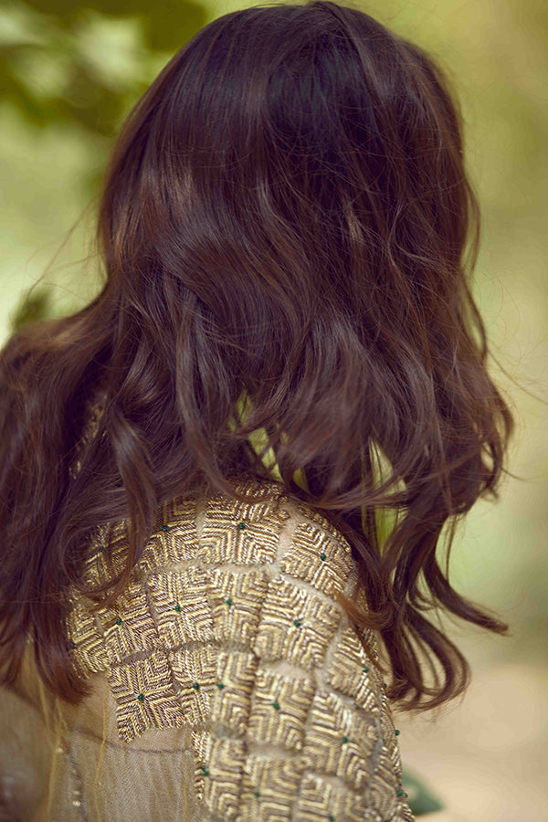 Golden Embroidered Zari Net Top with Jamawar Bell Bottoms (4-Piece) - Image 3