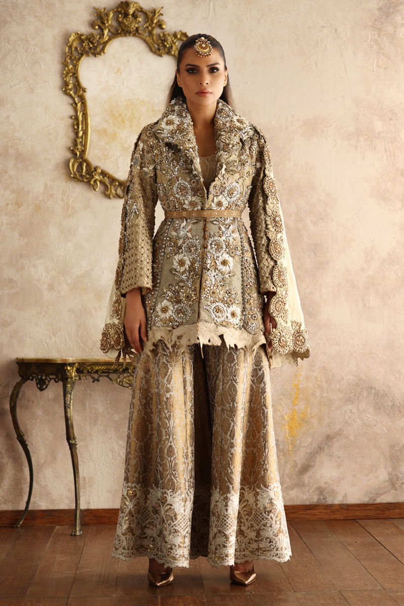 Gold Embroidered Mesuri Jacket Sharara Set (3-Piece) - Image 1