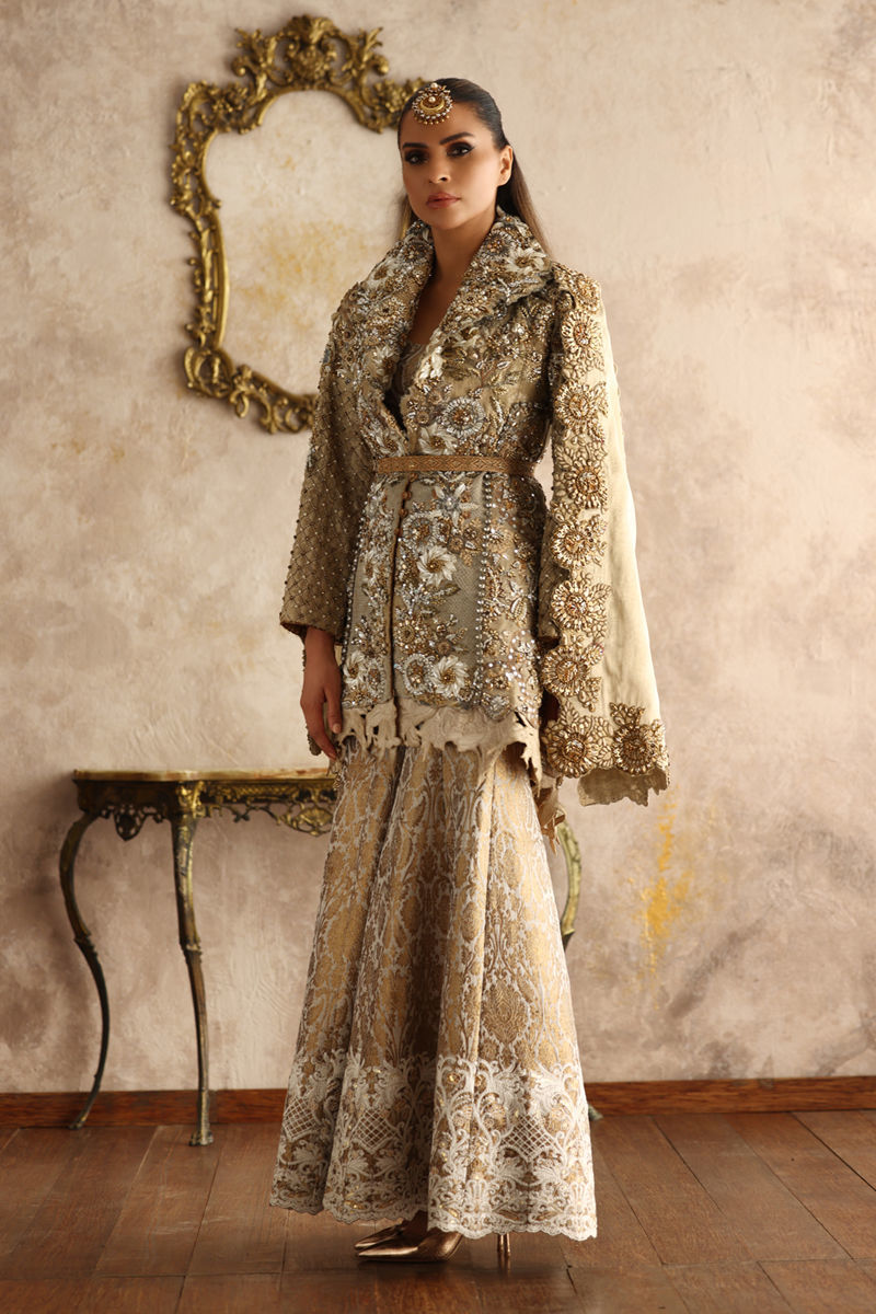 Gold Embroidered Mesuri Jacket Sharara Set (3-Piece) - Image 2