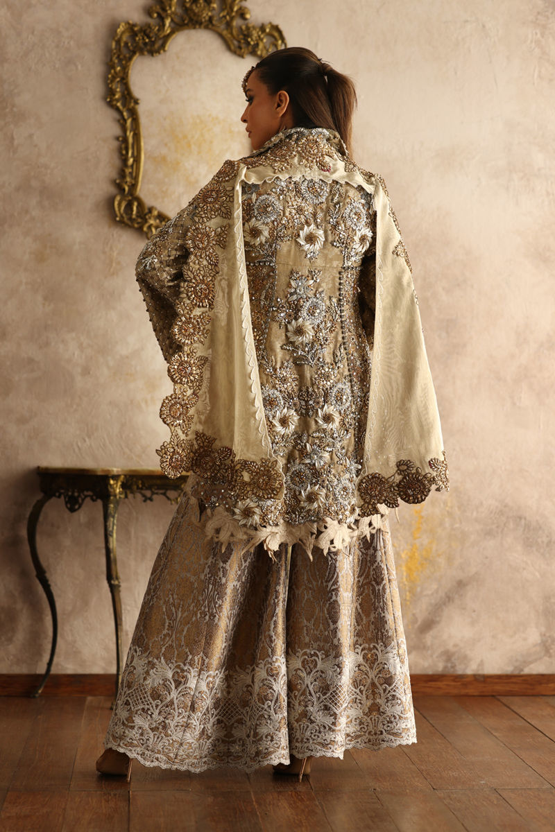 Gold Embroidered Mesuri Jacket Sharara Set (3-Piece) - Image 3