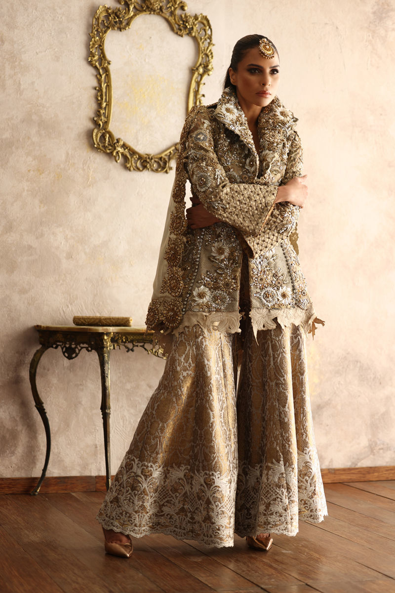 Gold Embroidered Mesuri Jacket Sharara Set (3-Piece) - Image 4