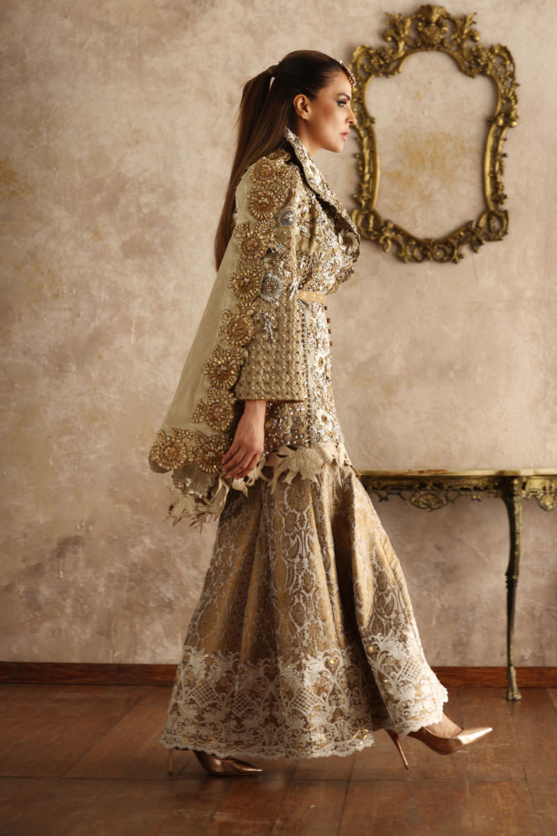 Gold Embroidered Mesuri Jacket Sharara Set (3-Piece) - Image 5