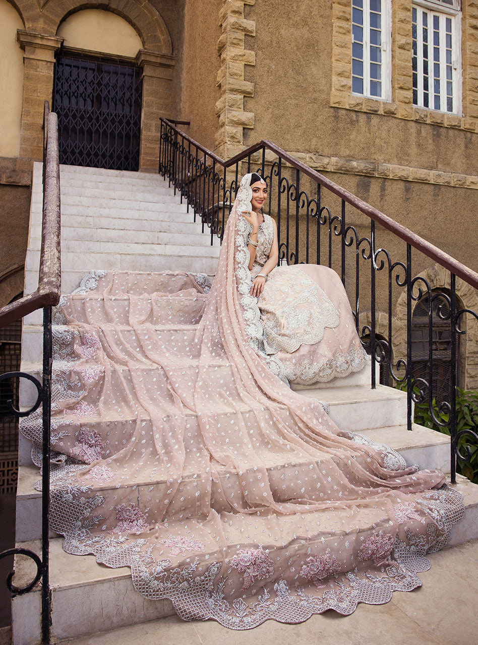 Pakistani Rose Gold Embroidered Brocade Bridal Sharara (3-Piece) - Image 13