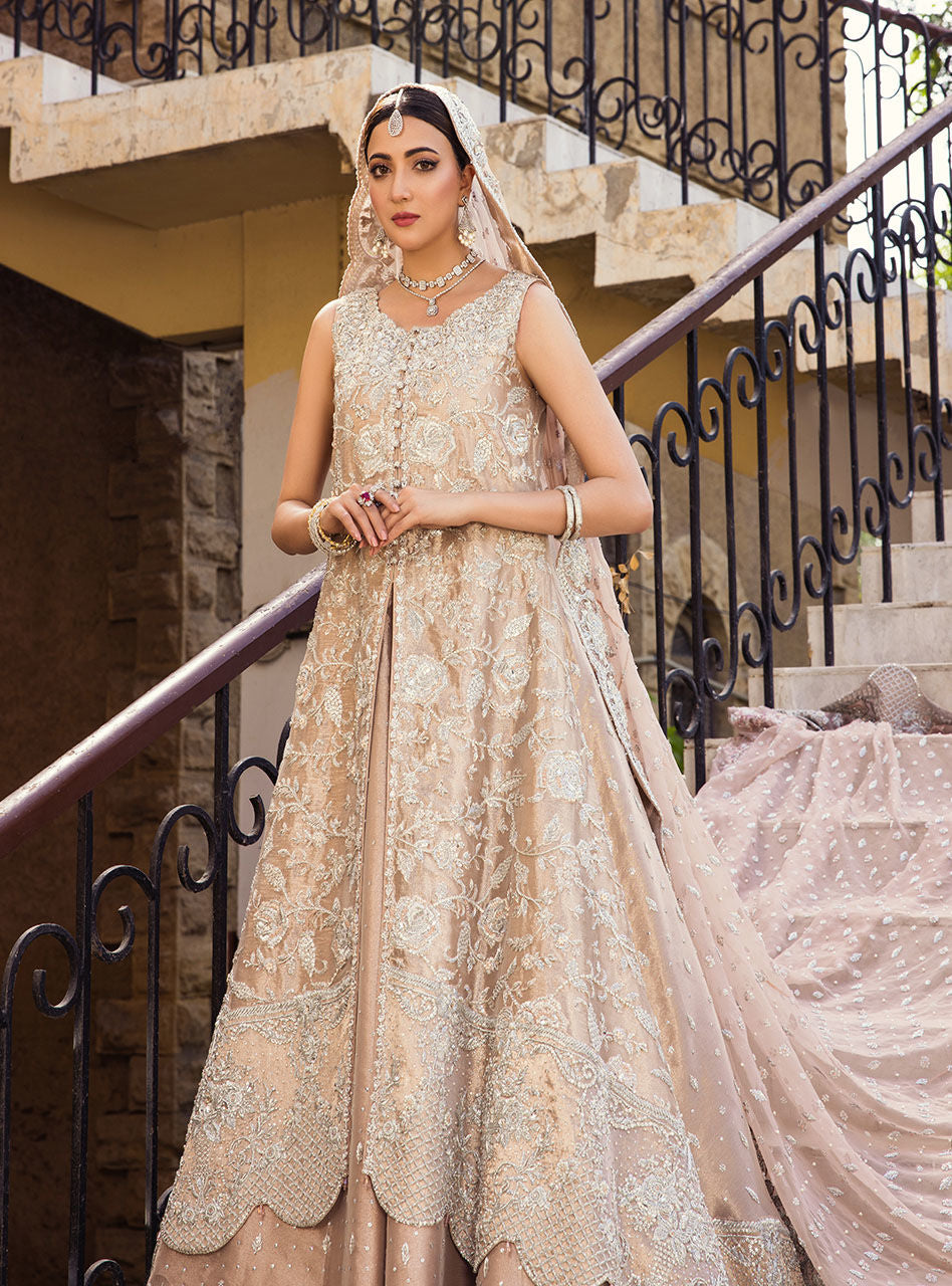 Pakistani Rose Gold Embroidered Brocade Bridal Sharara (3-Piece) - Image 4