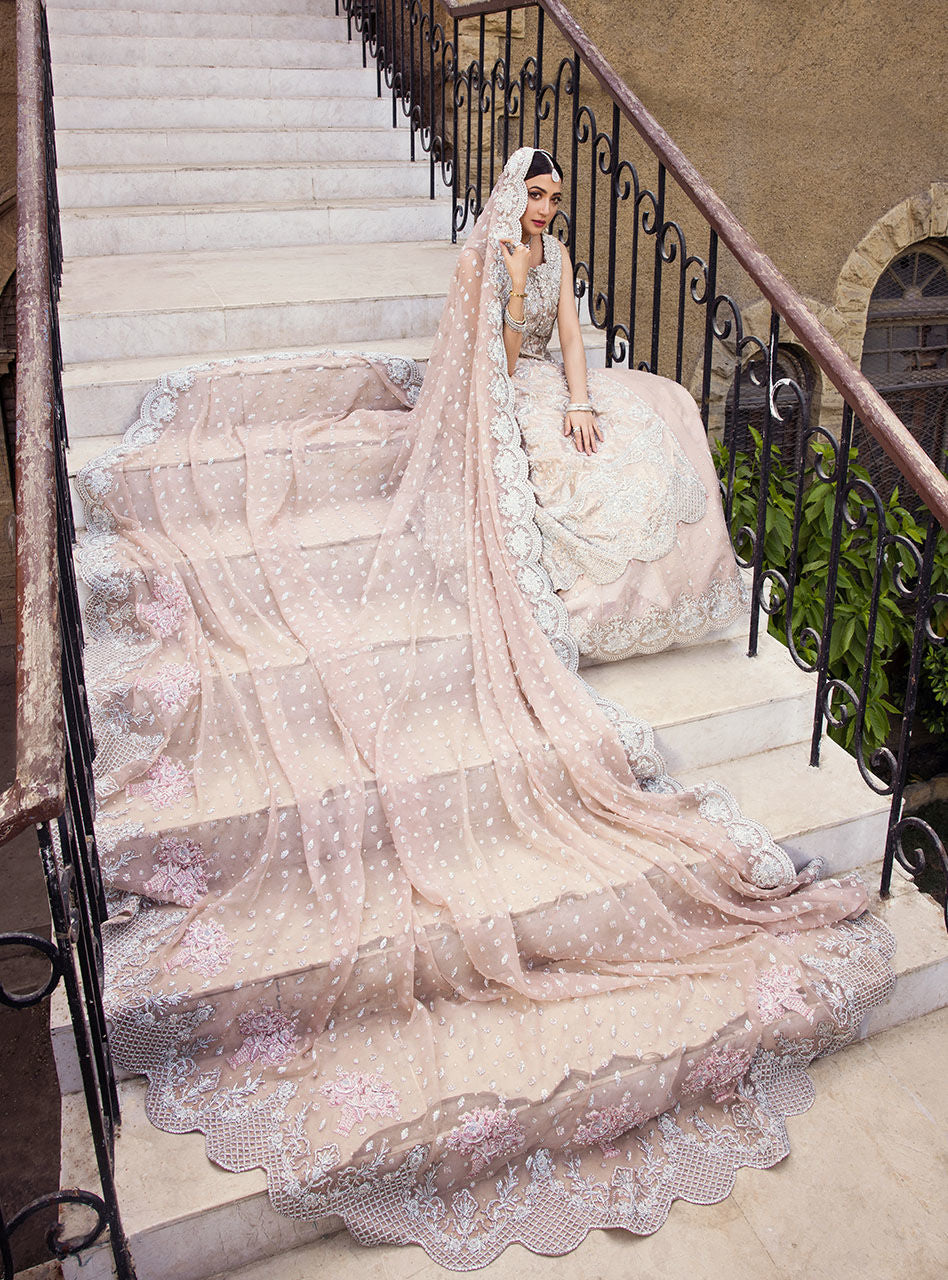 Pakistani Rose Gold Embroidered Brocade Bridal Sharara (3-Piece) - Image 5