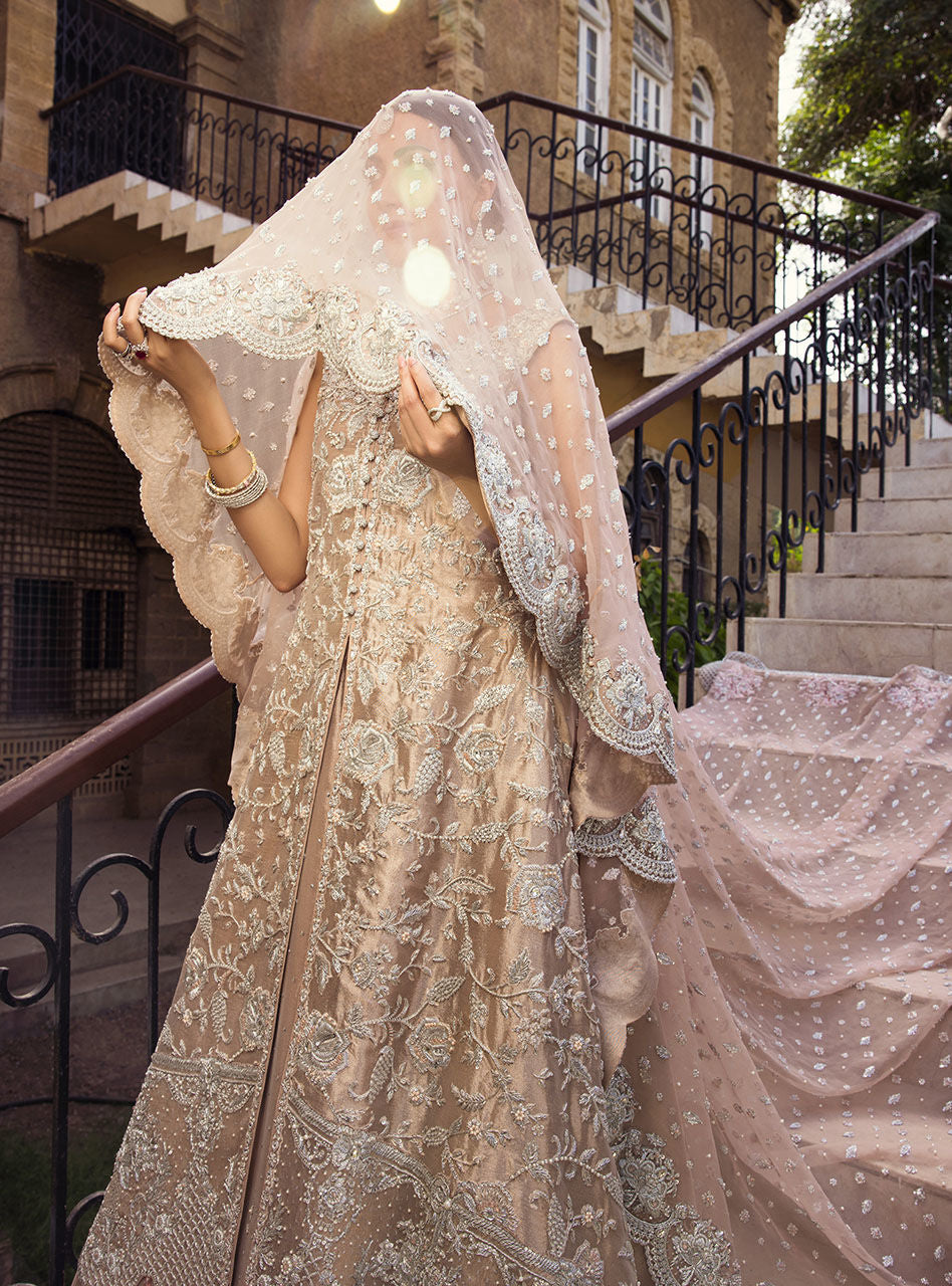 Pakistani Rose Gold Embroidered Brocade Bridal Sharara (3-Piece) - Image 8