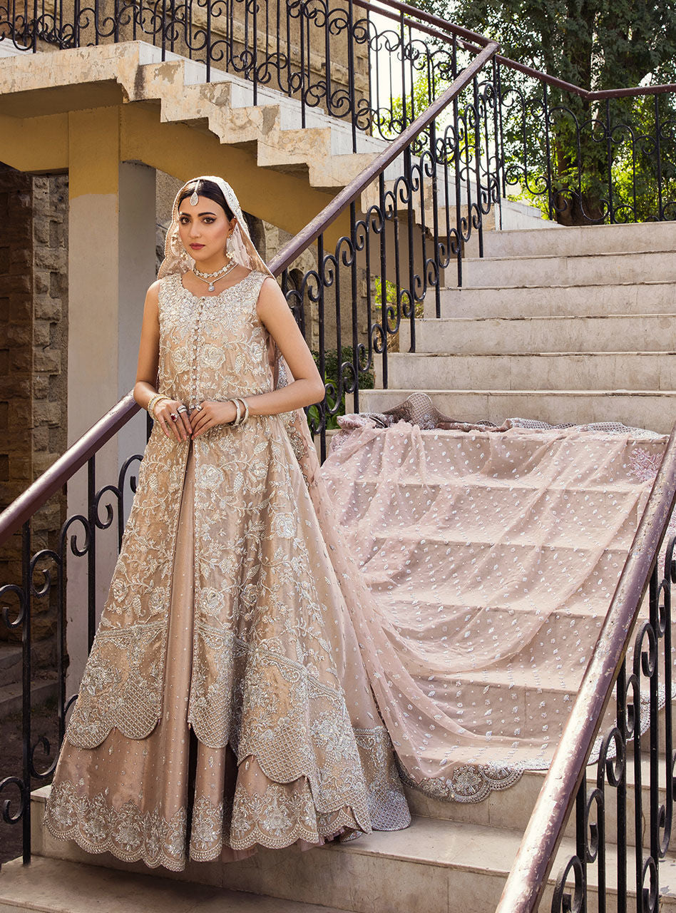 Pakistani Rose Gold Embroidered Brocade Bridal Sharara (3-Piece) - Image 1
