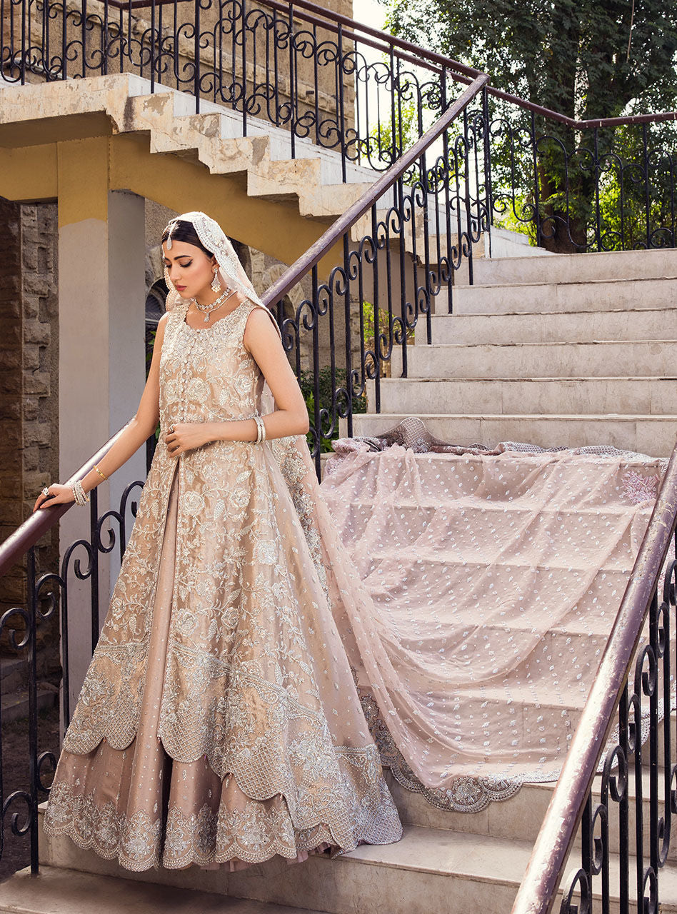 Pakistani Rose Gold Embroidered Brocade Bridal Sharara (3-Piece) - Image 11
