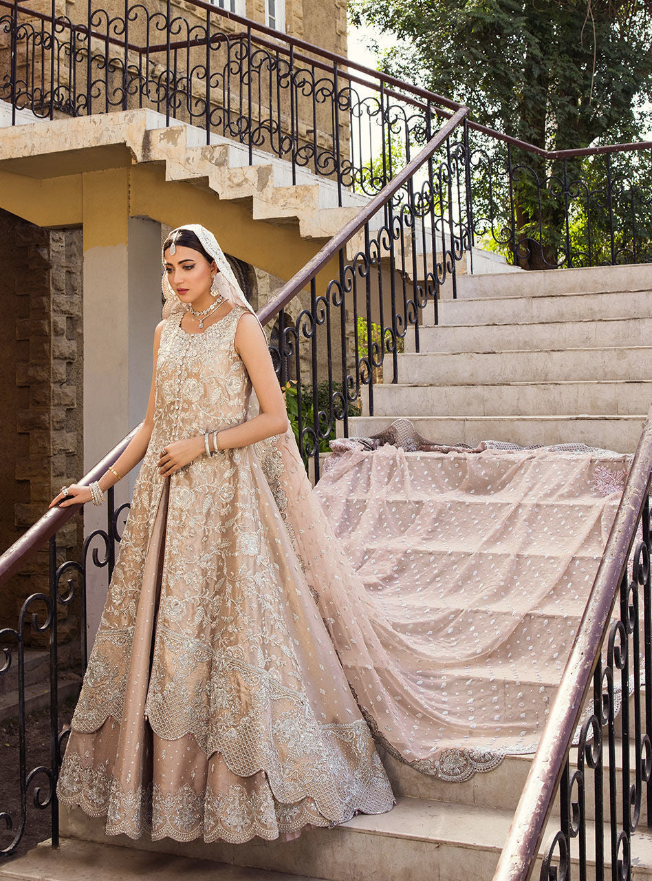 Pakistani Rose Gold Embroidered Brocade Bridal Sharara (3-Piece) - Image 2