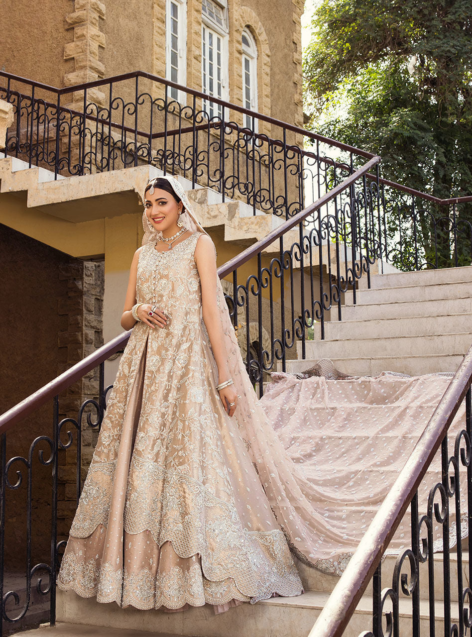 Pakistani Rose Gold Embroidered Brocade Bridal Sharara (3-Piece) - Image 9