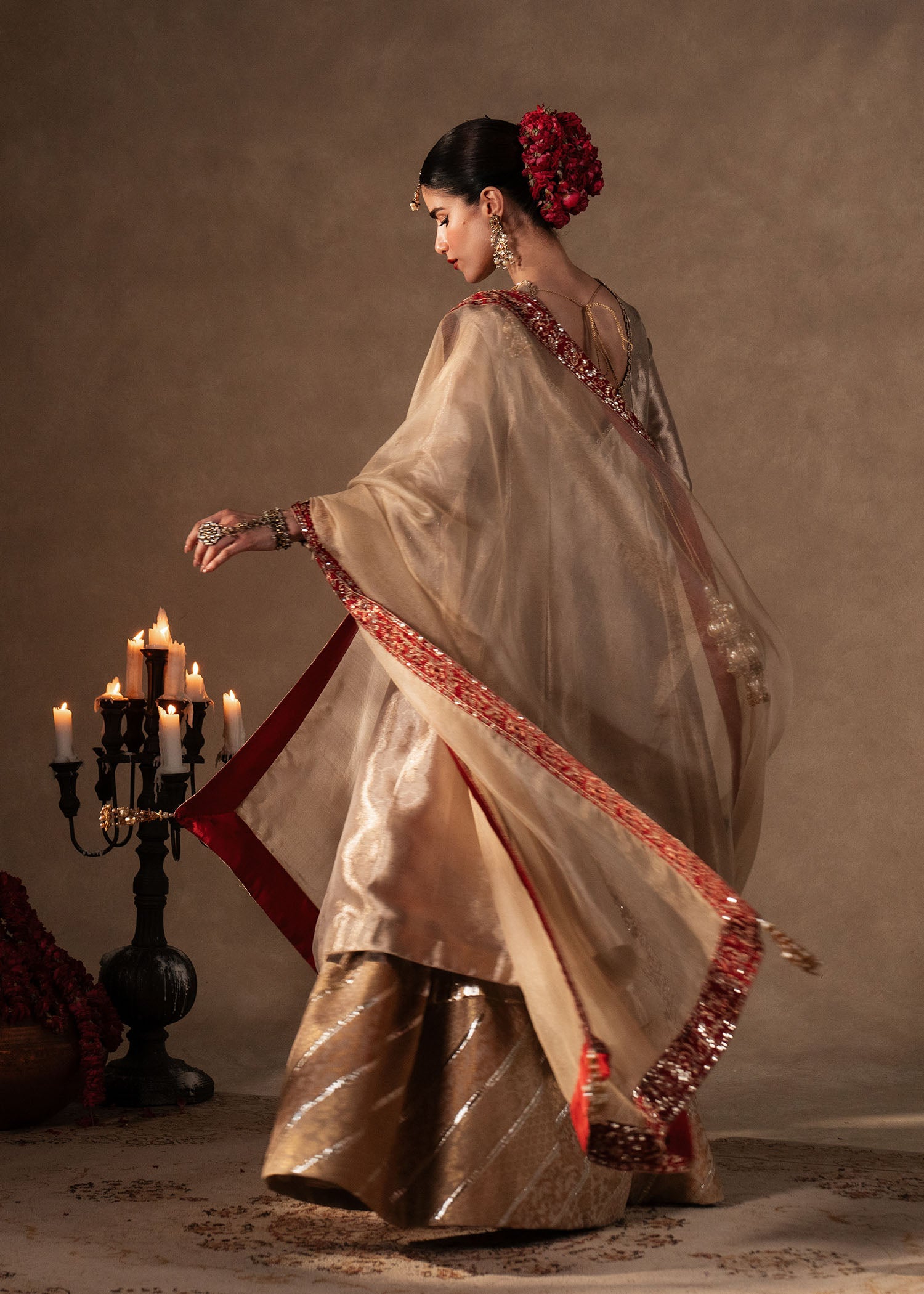 Gold Embroidered Tissue Peshwas Dress (3-Piece) - Image 3