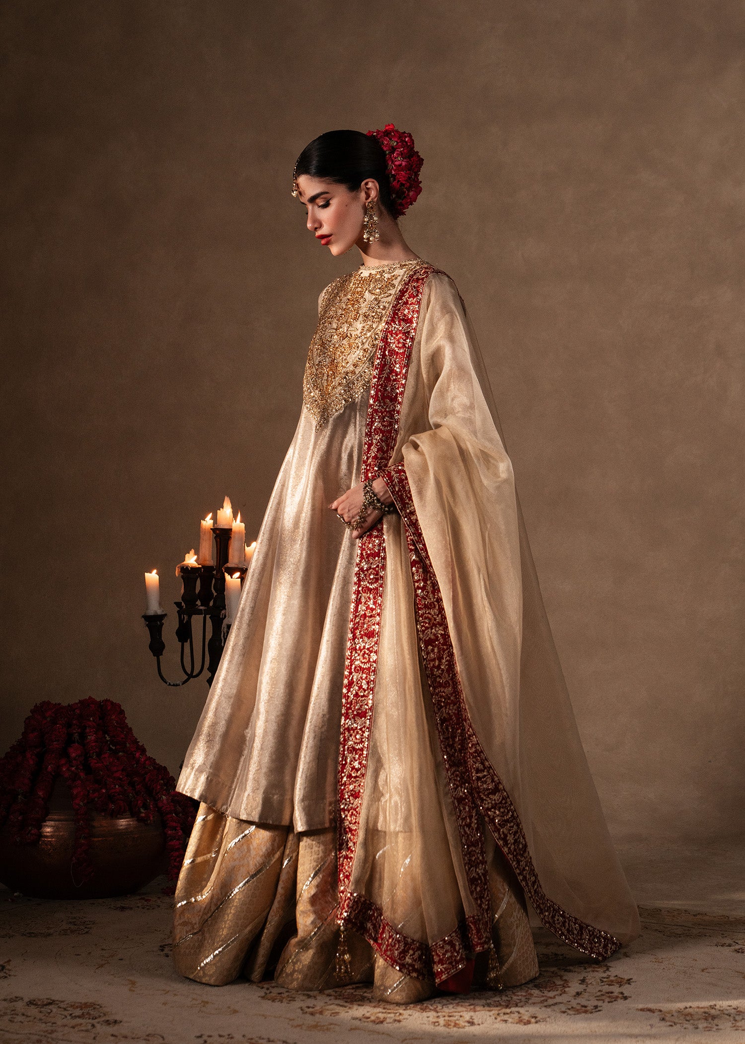 Gold Embroidered Tissue Peshwas Dress (3-Piece) - Image 9