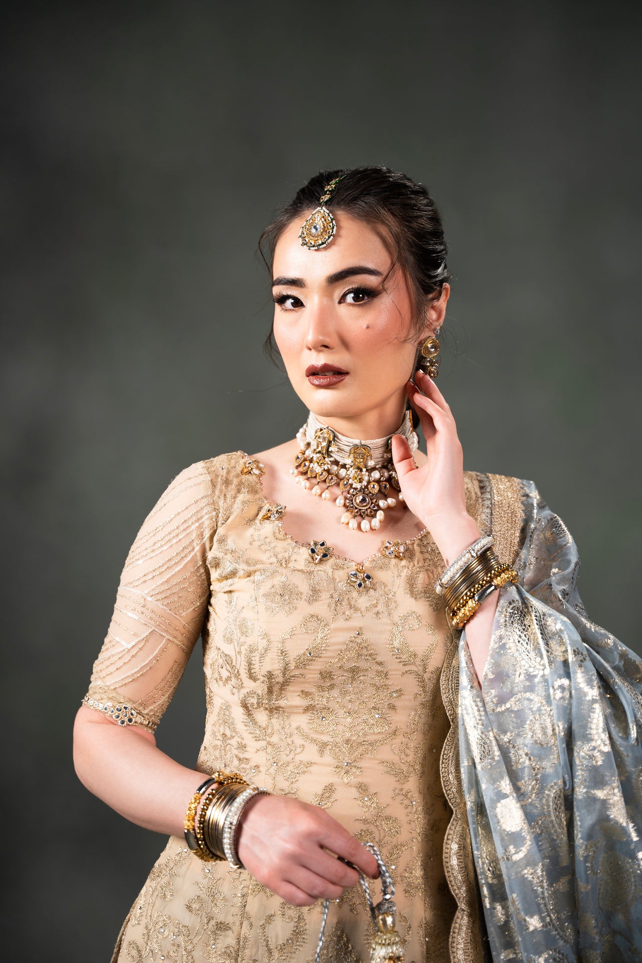 Gold Embroidered Chiffon Sharara Set (3-Piece) - Image 2