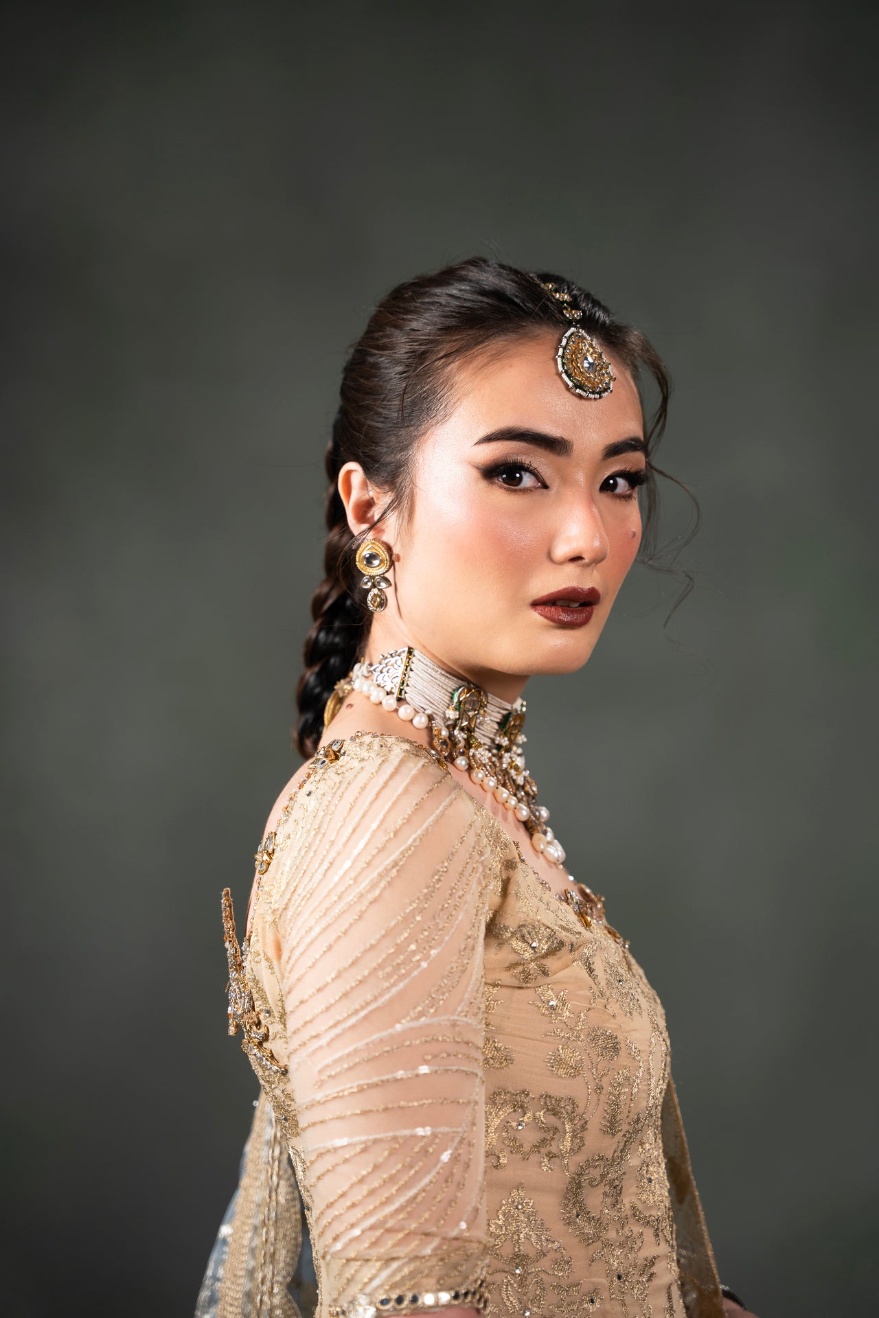 Gold Embroidered Chiffon Sharara Set (3-Piece) - Image 3