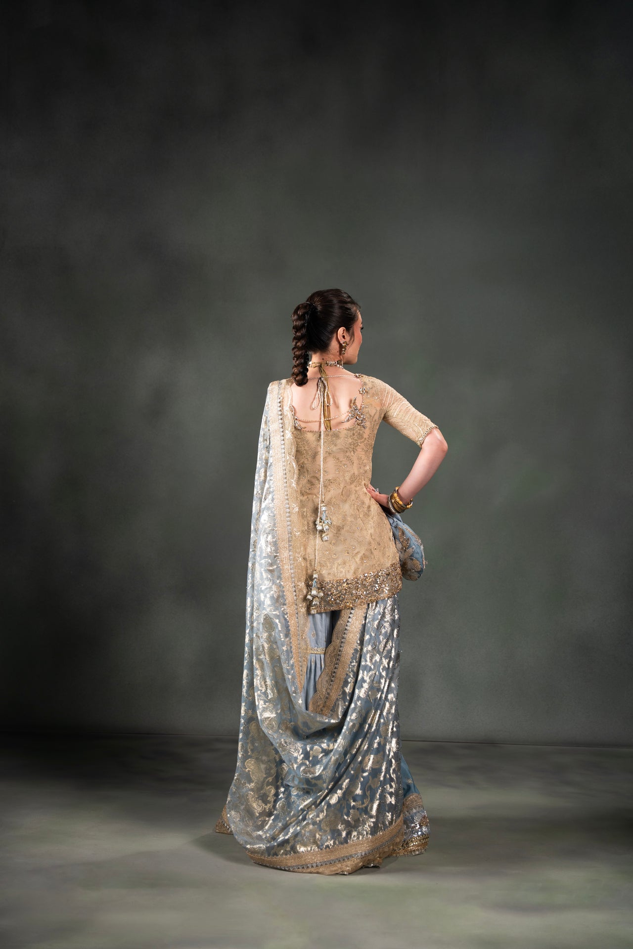 Gold Embroidered Chiffon Sharara Set (3-Piece) - Image 5